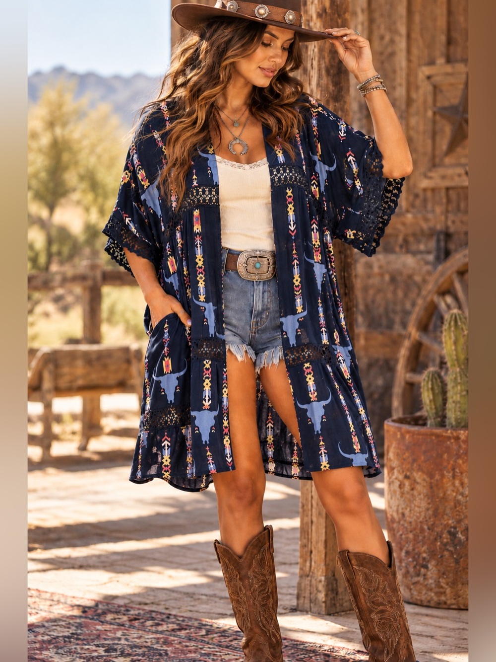 Ariat Western Steer Skull Boho Kimono Duster M/L